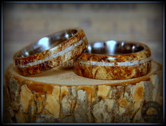 Bentwood Rings Set - Maple Burl on Surgical Steel Core with Cremation Ashes Inlay handcrafted bentwood wooden rings wood wedding ring engagement