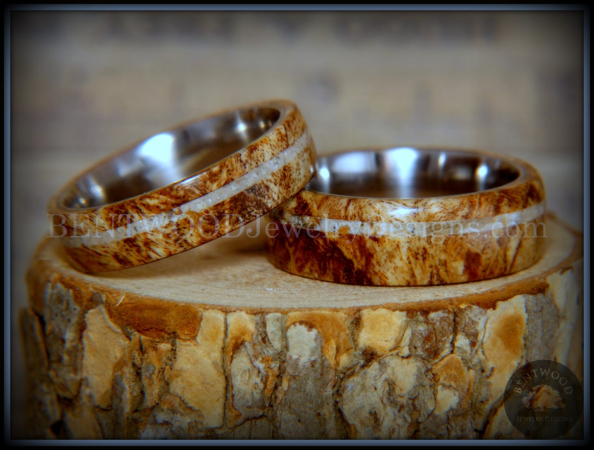 Bentwood Rings Set - Maple Burl on Surgical Steel Core with Cremation Ashes Inlay handcrafted bentwood wooden rings wood wedding ring engagement