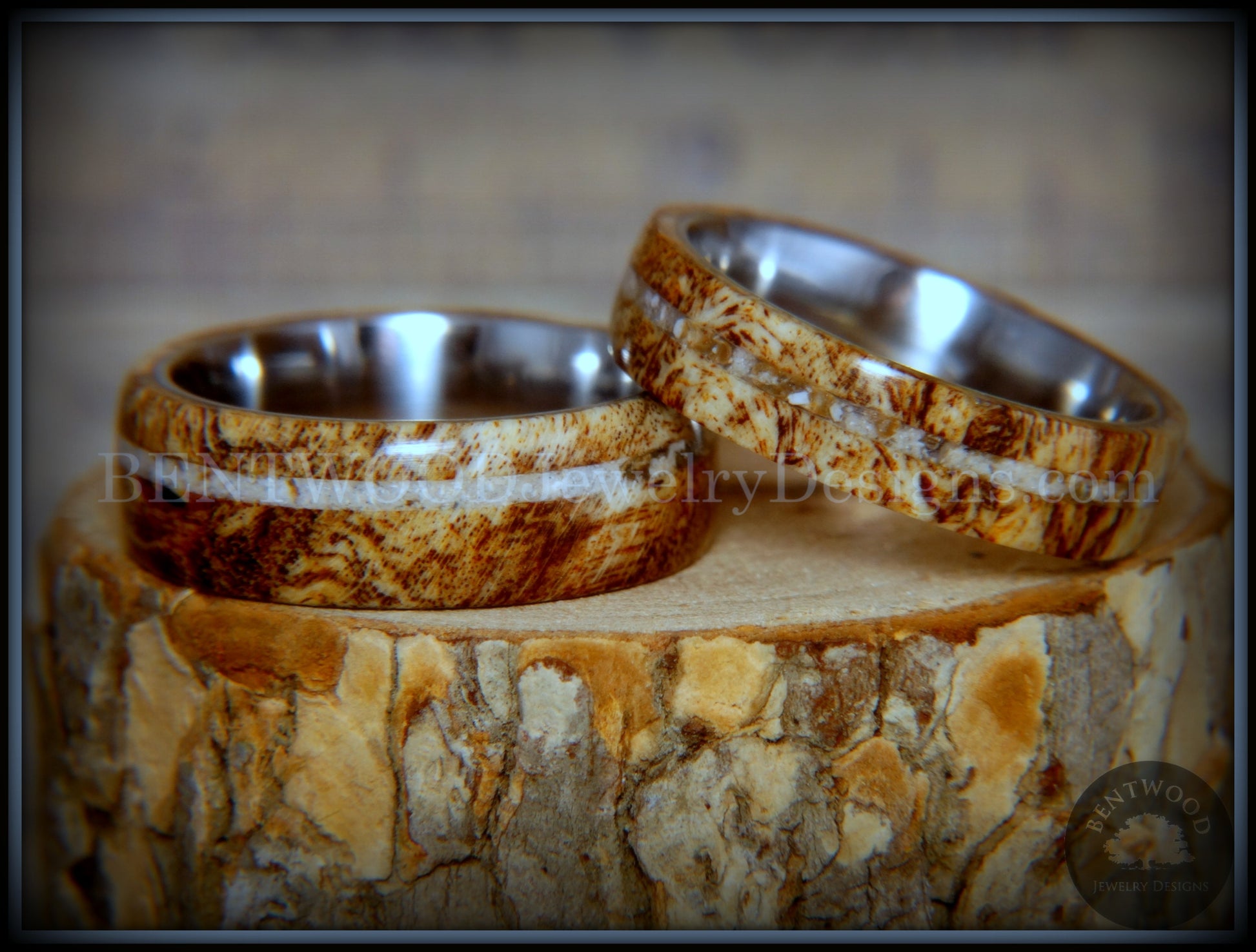 Bentwood Rings Set - Maple Burl on Surgical Steel Core with Cremation Ashes Inlay handcrafted bentwood wooden rings wood wedding ring engagement