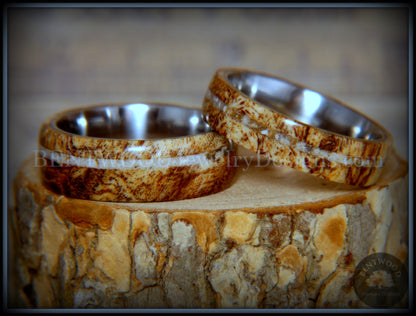 Bentwood Rings Set - Maple Burl on Surgical Steel Core with Cremation Ashes Inlay handcrafted bentwood wooden rings wood wedding ring engagement