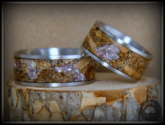 Bentwood Rings Set - "Figured Brown Amtheyst" Mediterranean Oak Burl on Surgical Steel Core handcrafted bentwood wooden rings wood wedding ring engagement