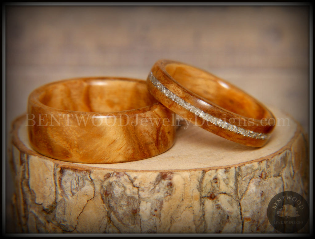 Bentwood Rings - Bethlehem Olivewood Wood Ring Set Silver Glass Inlays -  Bentwood Jewelry Designs - Custom Handcrafted Bentwood Wood Rings