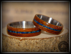 Bentwood Rings Set - Rosewood on Titanium Core with Azurite and Malachite Inlay handcrafted bentwood wooden rings wood wedding ring engagement