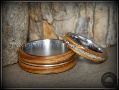 Bentwood Rings Set - "Striped Couple" Zebrawood with Glass Inlay and Bronze Guitar String Inlay on Titanium Steel Core handcrafted bentwood wooden rings wood wedding ring engagement