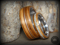 Bentwood Rings Set - "Striped Couple" Zebrawood with Glass Inlay and Bronze Guitar String Inlay on Titanium Steel Core handcrafted bentwood wooden rings wood wedding ring engagement