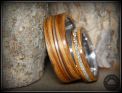 Bentwood Rings Set - "Striped Couple" Zebrawood with Glass Inlay and Bronze Guitar String Inlay on Titanium Steel Core handcrafted bentwood wooden rings wood wedding ring engagement