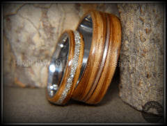 Bentwood Rings Set - "Striped Couple" Zebrawood with Glass Inlay and Bronze Guitar String Inlay on Titanium Steel Core handcrafted bentwood wooden rings wood wedding ring engagement