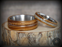 Bentwood Rings Set - "Striped Couple" Zebrawood with Glass Inlay and Bronze Guitar String Inlay on Titanium Steel Core handcrafted bentwood wooden rings wood wedding ring engagement