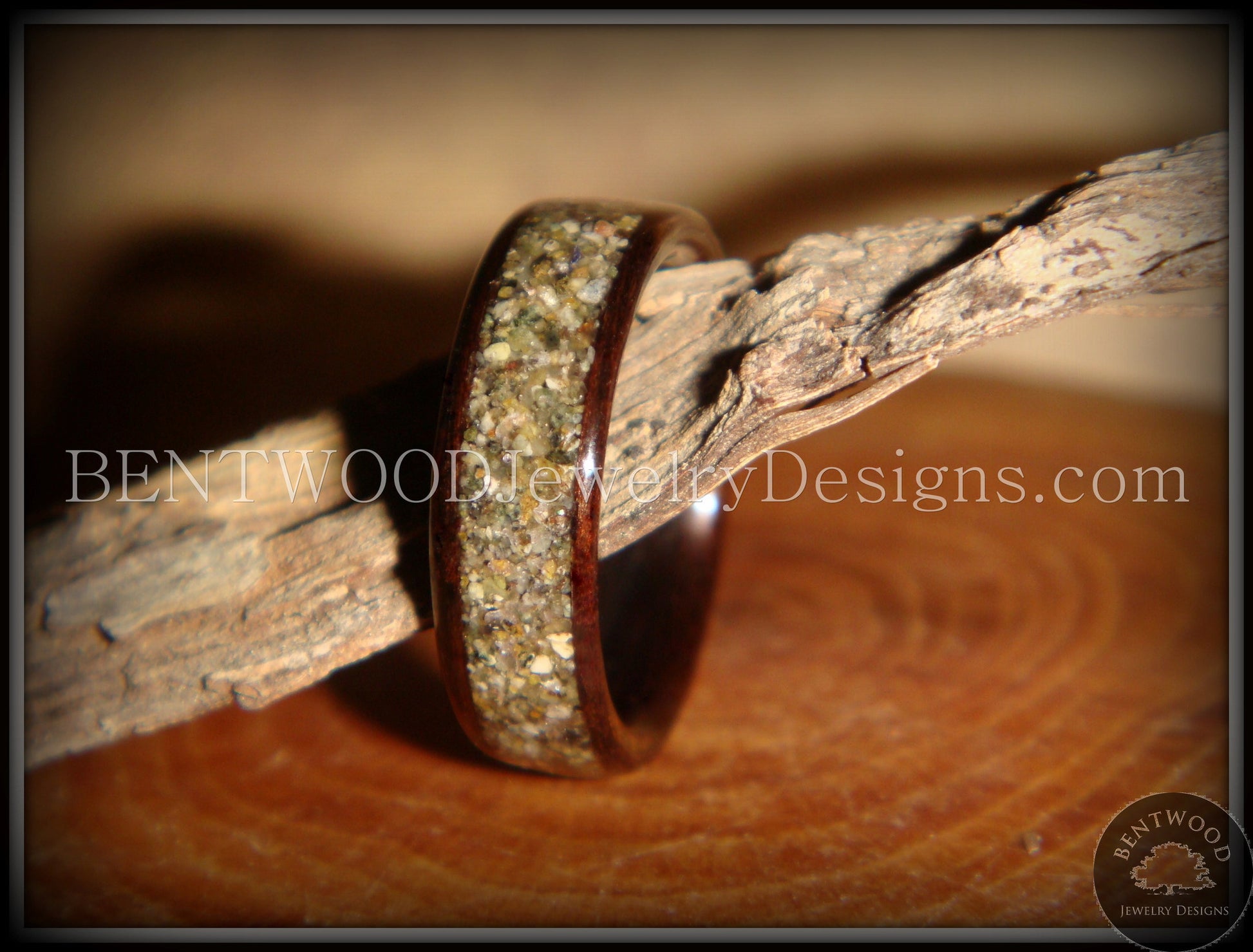 Bentwood Ring - Macassar Ebony Wood Ring with Canadian Beach Sand Inlay handcrafted bentwood wooden rings wood wedding ring engagement