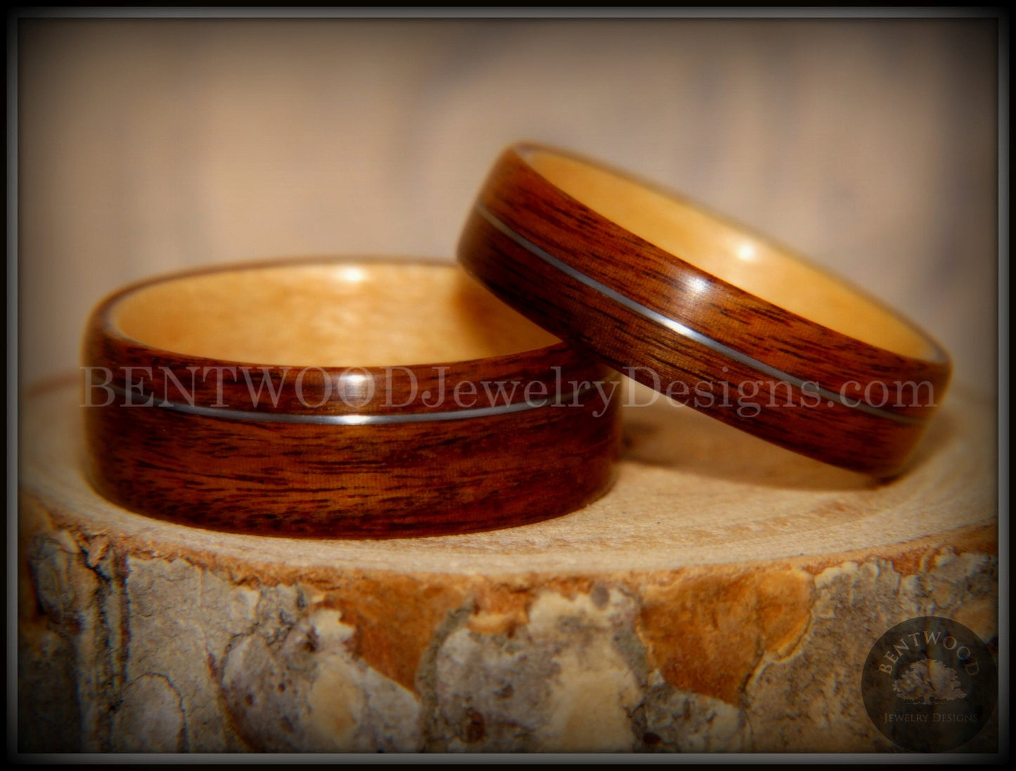Bentwood Rings Set - S. American Rosewood and N. American Maple with Silver Wire Inlays handcrafted bentwood wooden rings wood wedding ring engagement