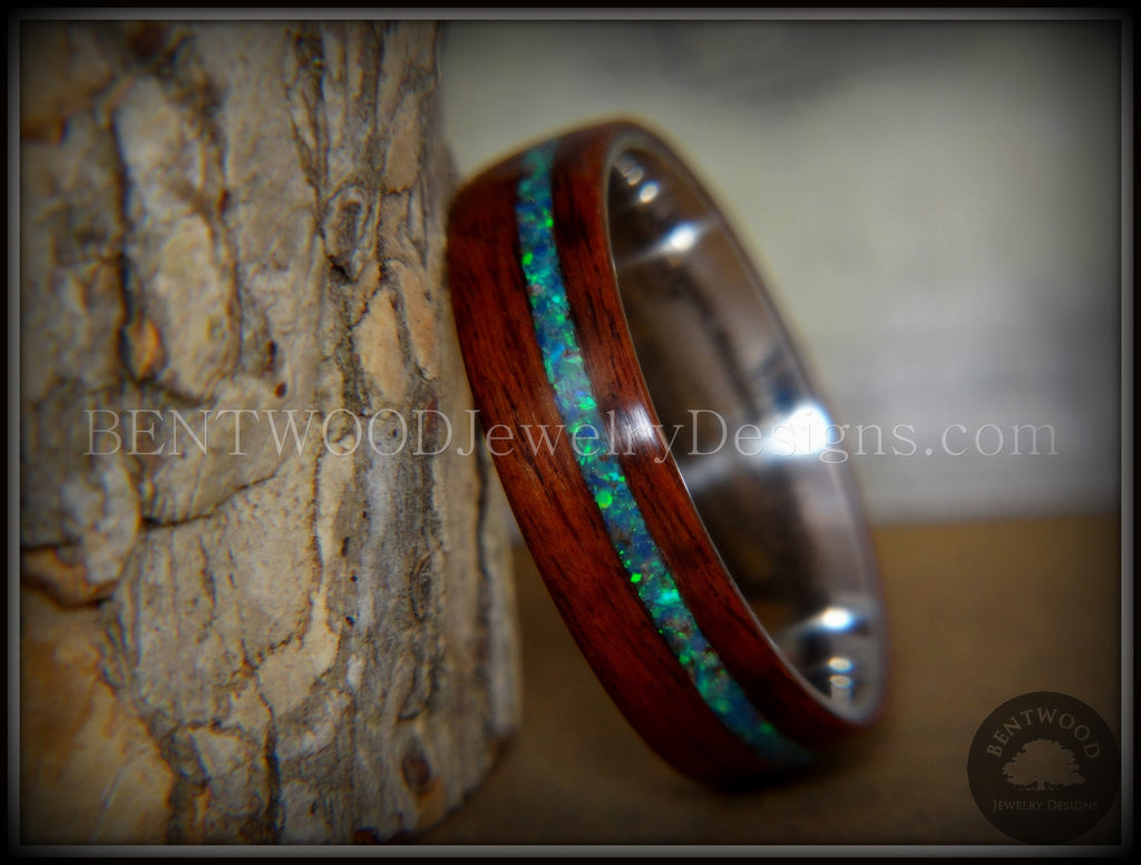 Bentwood Ring - "Peacock" Rosewood Wood Ring with Opal Inlay on Surgical Grade Stainless Steel Comfort Fit Metal Core handcrafted bentwood wooden rings wood wedding ring engagement