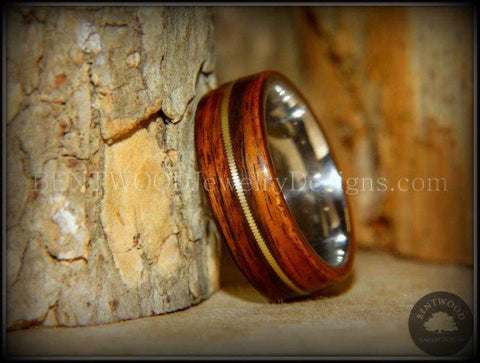 Tazzy Bentwood Ring - "Hounini" Rosewood Wood Ring Bronze Guitar String Inlay on Surgical Grade Stainless Steel Comfort Fit Metal Core