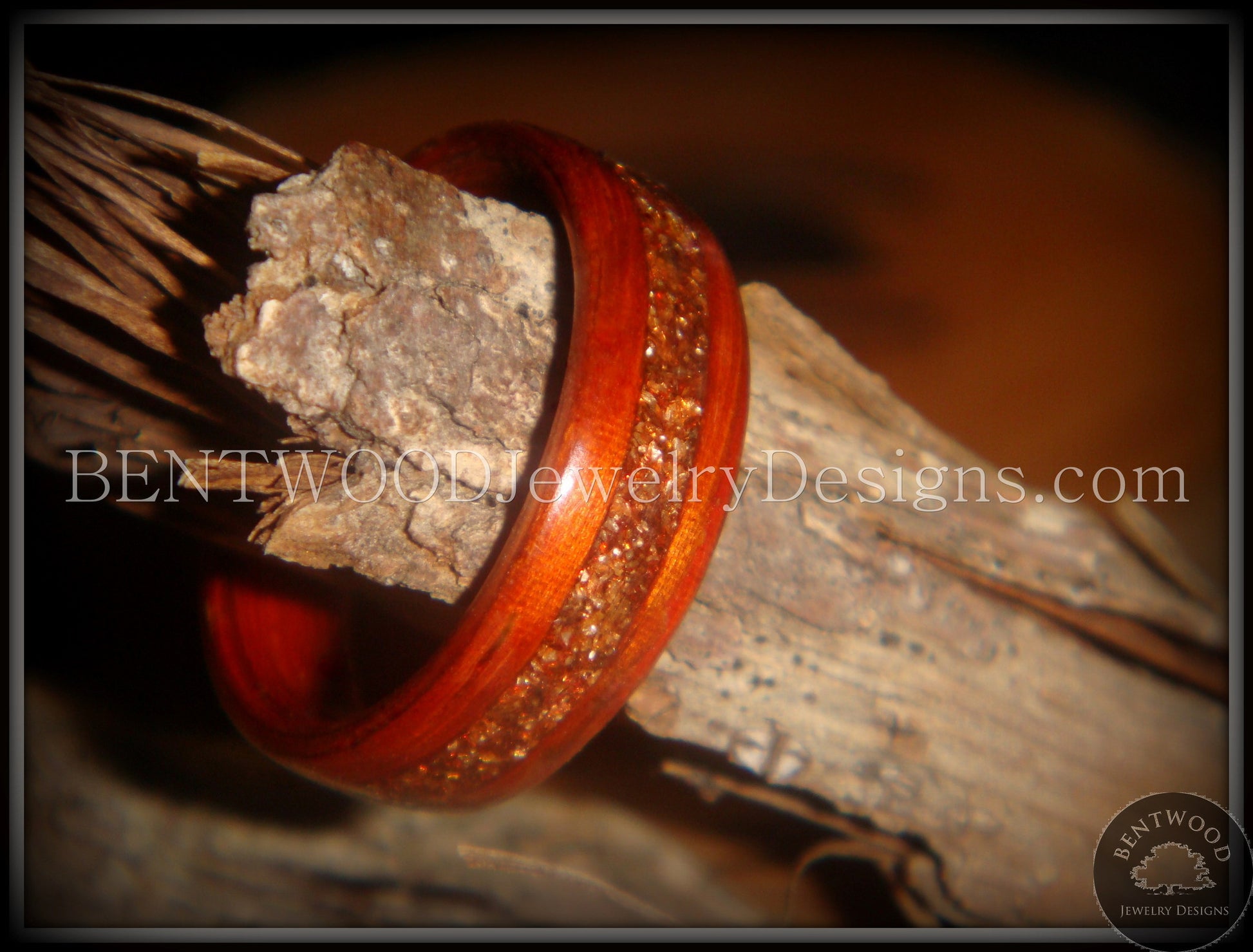 Bentwood Ring - African padauk wood ring with German copper and amber glass inlay handcrafted bentwood wooden rings wood wedding ring engagement