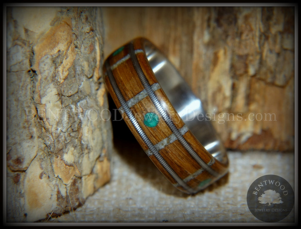 Bentwood Ring - "Nature Tracks" Bog Oak on Titanium with Guitar String Inlays, Antler Frets and Malachite Dot Inlays handcrafted bentwood wooden rings wood wedding ring engagement
