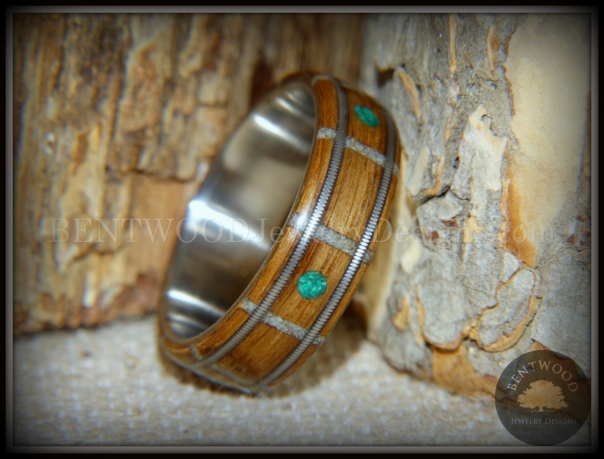 Bentwood Ring - "Nature Tracks" Bog Oak on Titanium with Guitar String Inlays, Antler Frets and Malachite Dot Inlays handcrafted bentwood wooden rings wood wedding ring engagement
