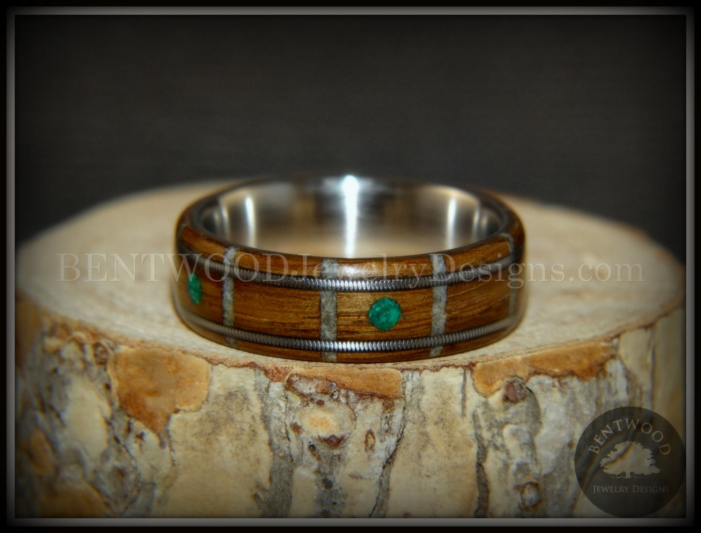 Bentwood Ring - "Nature Tracks" Bog Oak on Titanium with Guitar String Inlays, Antler Frets and Malachite Dot Inlays handcrafted bentwood wooden rings wood wedding ring engagement