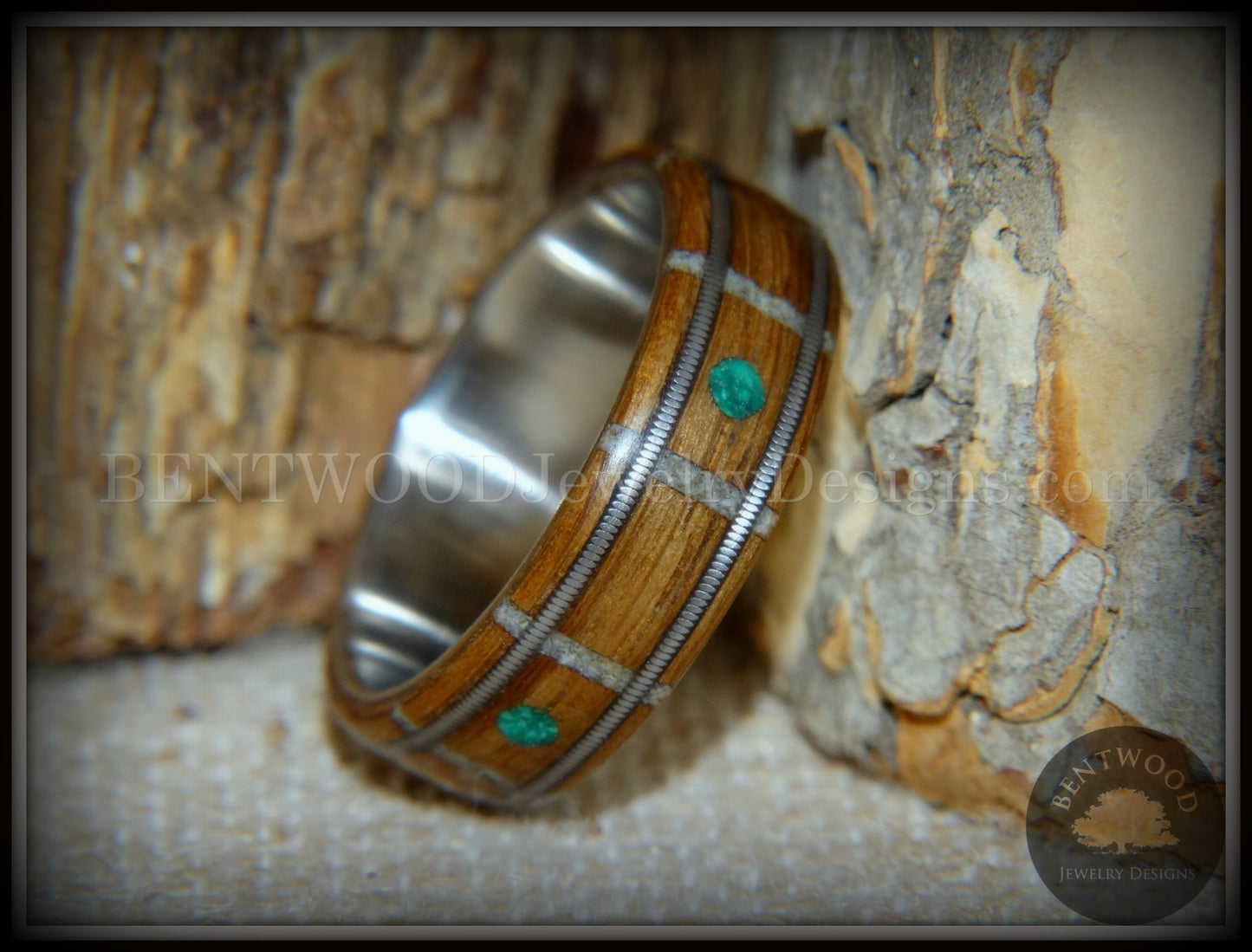 Bentwood Ring - "Nature Tracks" Bog Oak on Titanium with Guitar String Inlays, Antler Frets and Malachite Dot Inlays handcrafted bentwood wooden rings wood wedding ring engagement
