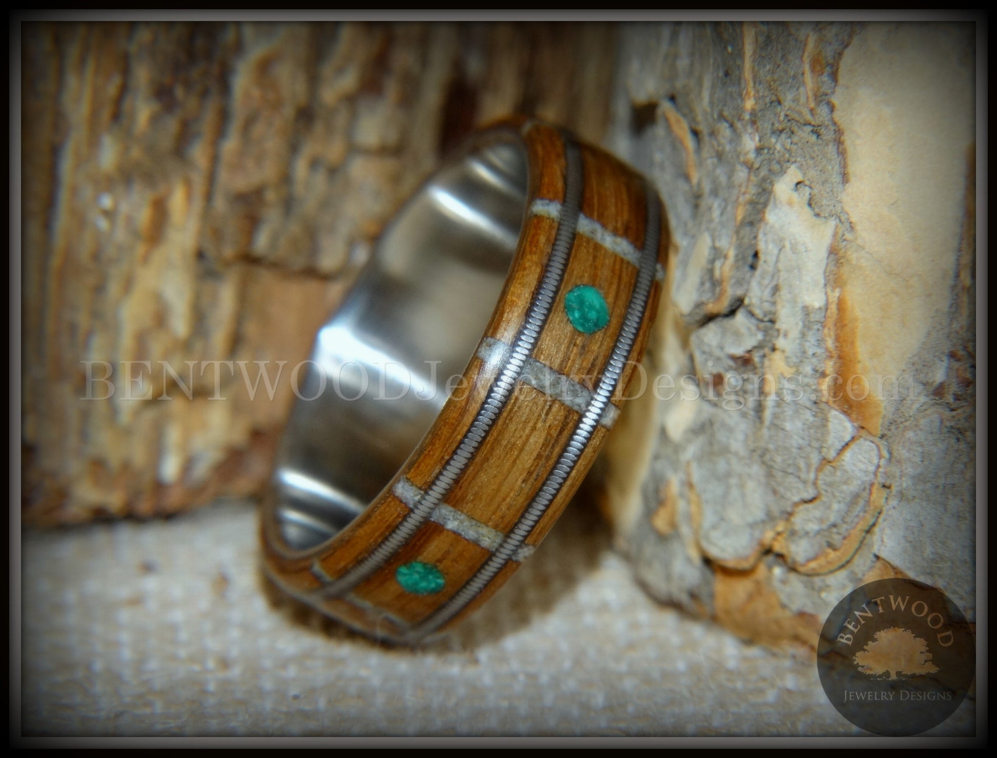 Bentwood Ring - "Nature Tracks" Bog Oak on Titanium with Guitar String Inlays, Antler Frets and Malachite Dot Inlays handcrafted bentwood wooden rings wood wedding ring engagement