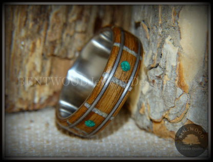 Bentwood Ring - "Nature Tracks" Bog Oak on Titanium with Guitar String Inlays, Antler Frets and Malachite Dot Inlays handcrafted bentwood wooden rings wood wedding ring engagement