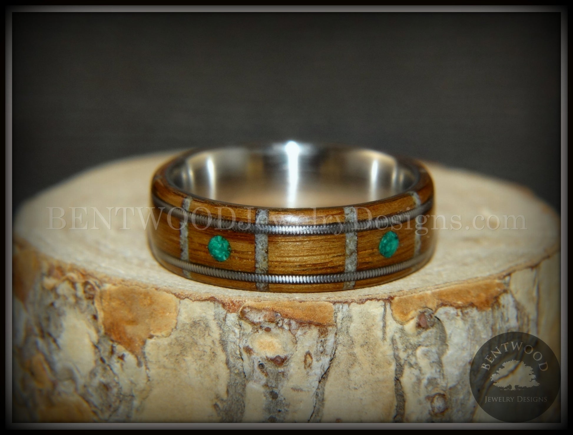 Bentwood Ring - "Nature Tracks" Bog Oak on Titanium with Guitar String Inlays, Antler Frets and Malachite Dot Inlays handcrafted bentwood wooden rings wood wedding ring engagement