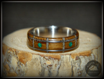 Bentwood Ring - "Nature Tracks" Bog Oak on Titanium with Guitar String Inlays, Antler Frets and Malachite Dot Inlays handcrafted bentwood wooden rings wood wedding ring engagement