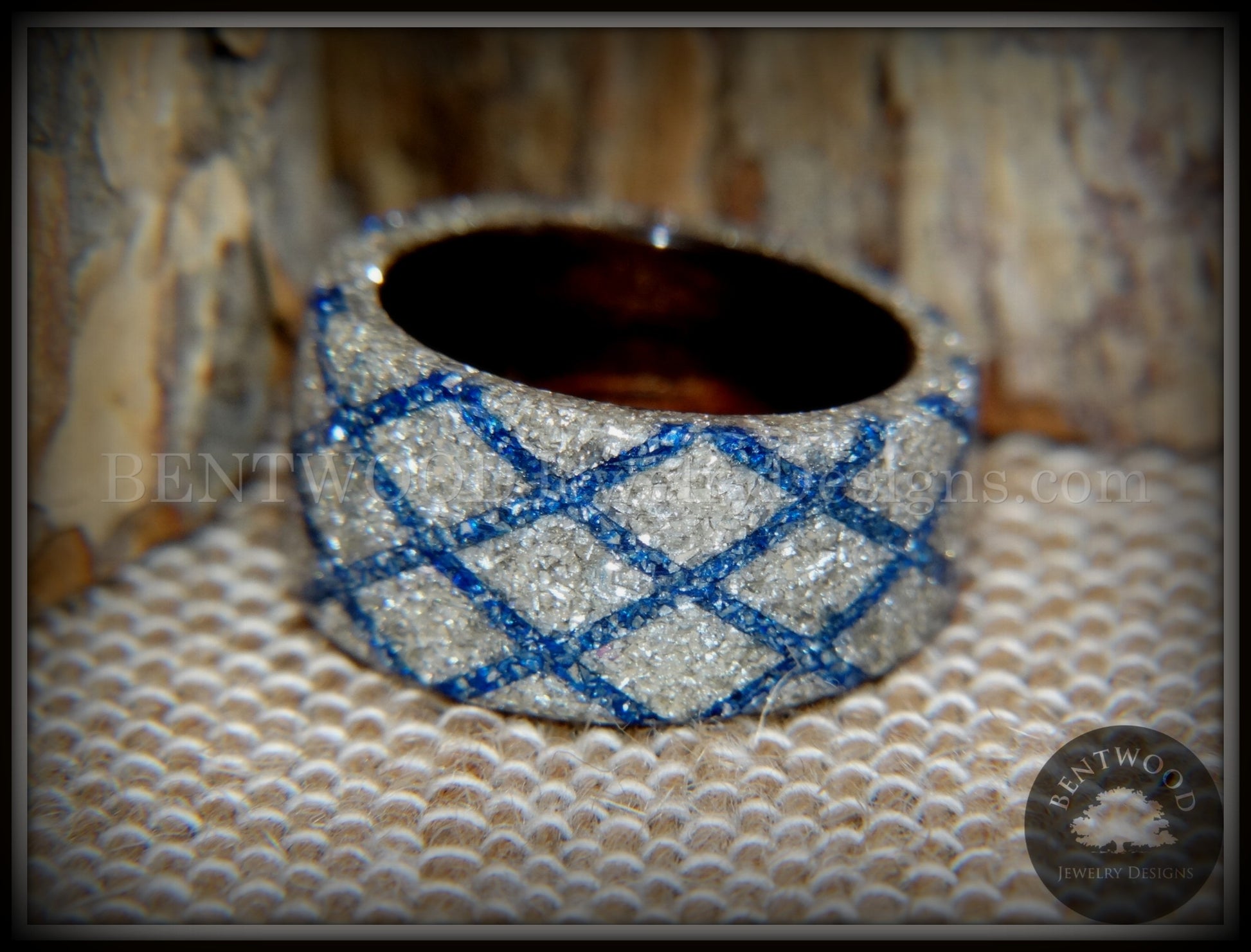 Bentwood Ring - "The Blue Diamond Waffle Wedge" Ebony Wood German Silver and Blue Glass Inlay handcrafted bentwood wooden rings wood wedding ring engagement