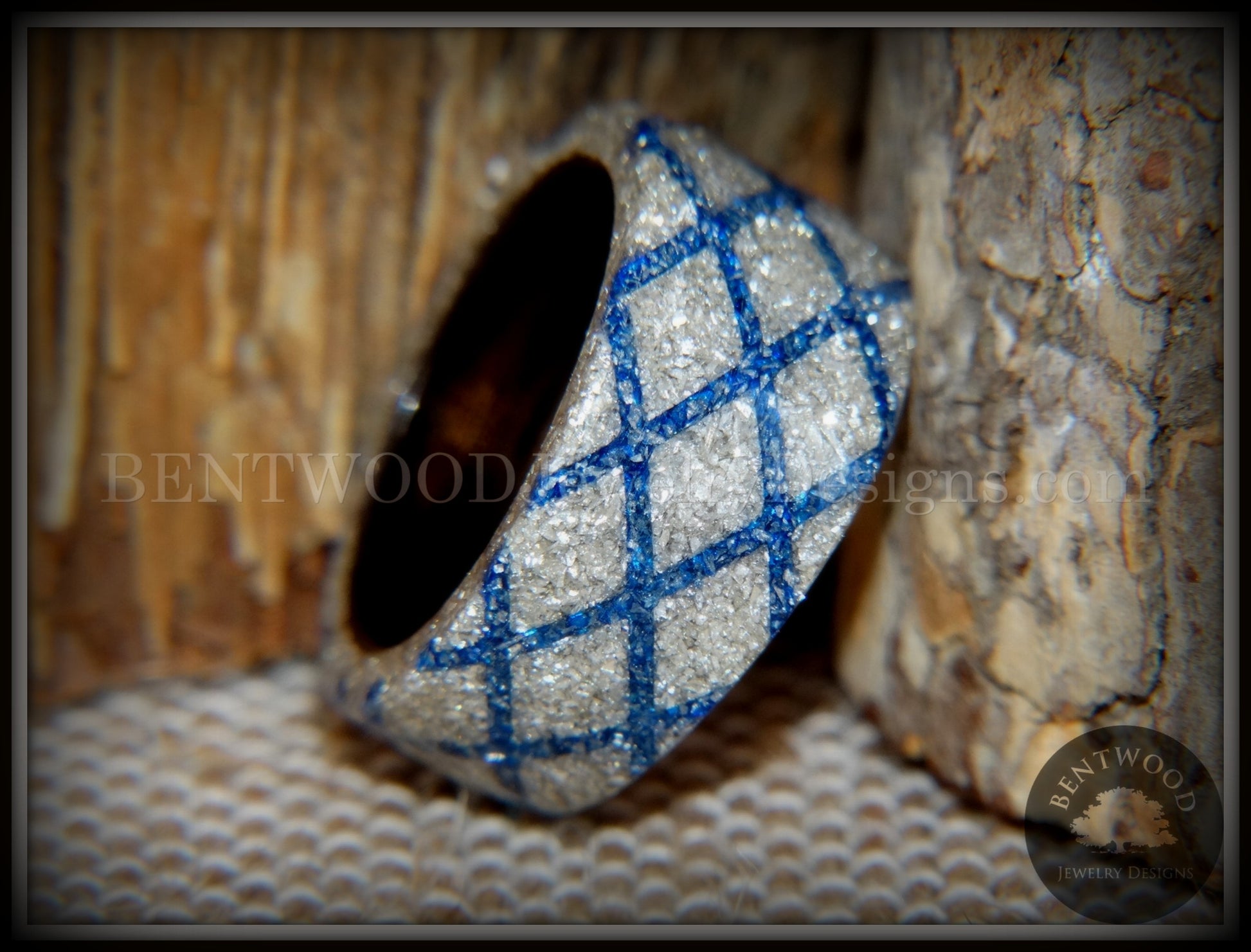 Bentwood Ring - "The Blue Diamond Waffle Wedge" Ebony Wood German Silver and Blue Glass Inlay handcrafted bentwood wooden rings wood wedding ring engagement