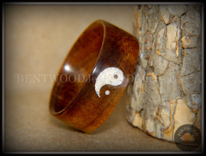 Bentwood Ring - "Yin Yang" Hawaiian Koa Wood Ring with Yin-Yang Symbol Beach Sand Inlay handcrafted bentwood wooden rings wood wedding ring engagement