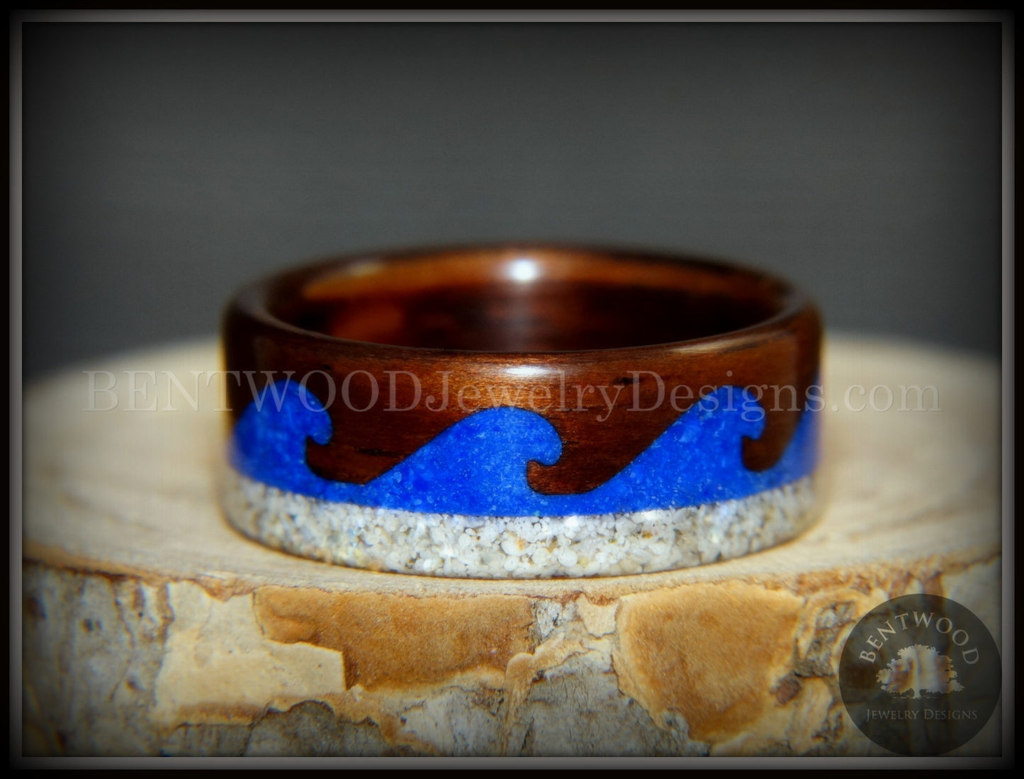 Bentwood Ring -  "Beach Waves" Koa, Blue Lapis & Beach Sand handcrafted bentwood wooden rings wood wedding ring engagement