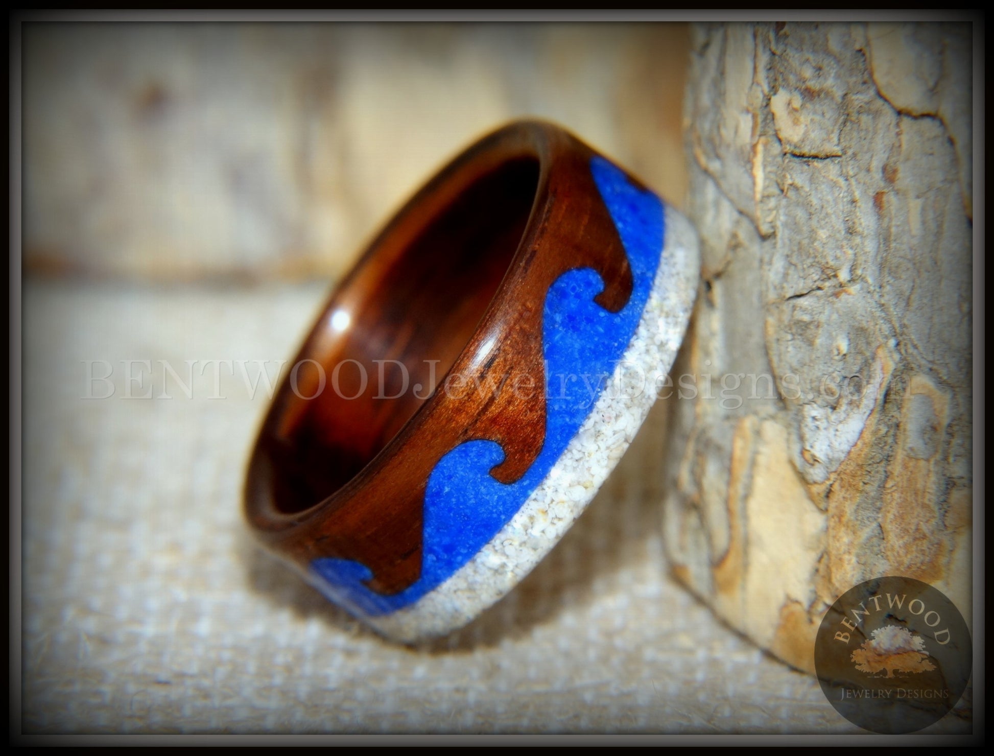 Bentwood Ring -  "Beach Waves" Koa, Blue Lapis & Beach Sand handcrafted bentwood wooden rings wood wedding ring engagement