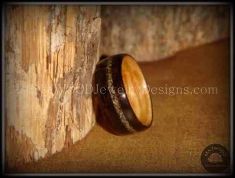 Bentwood Ring - Macassar Ebony Olive Wood Liner and Offset Canadian Beach Sand Inlay