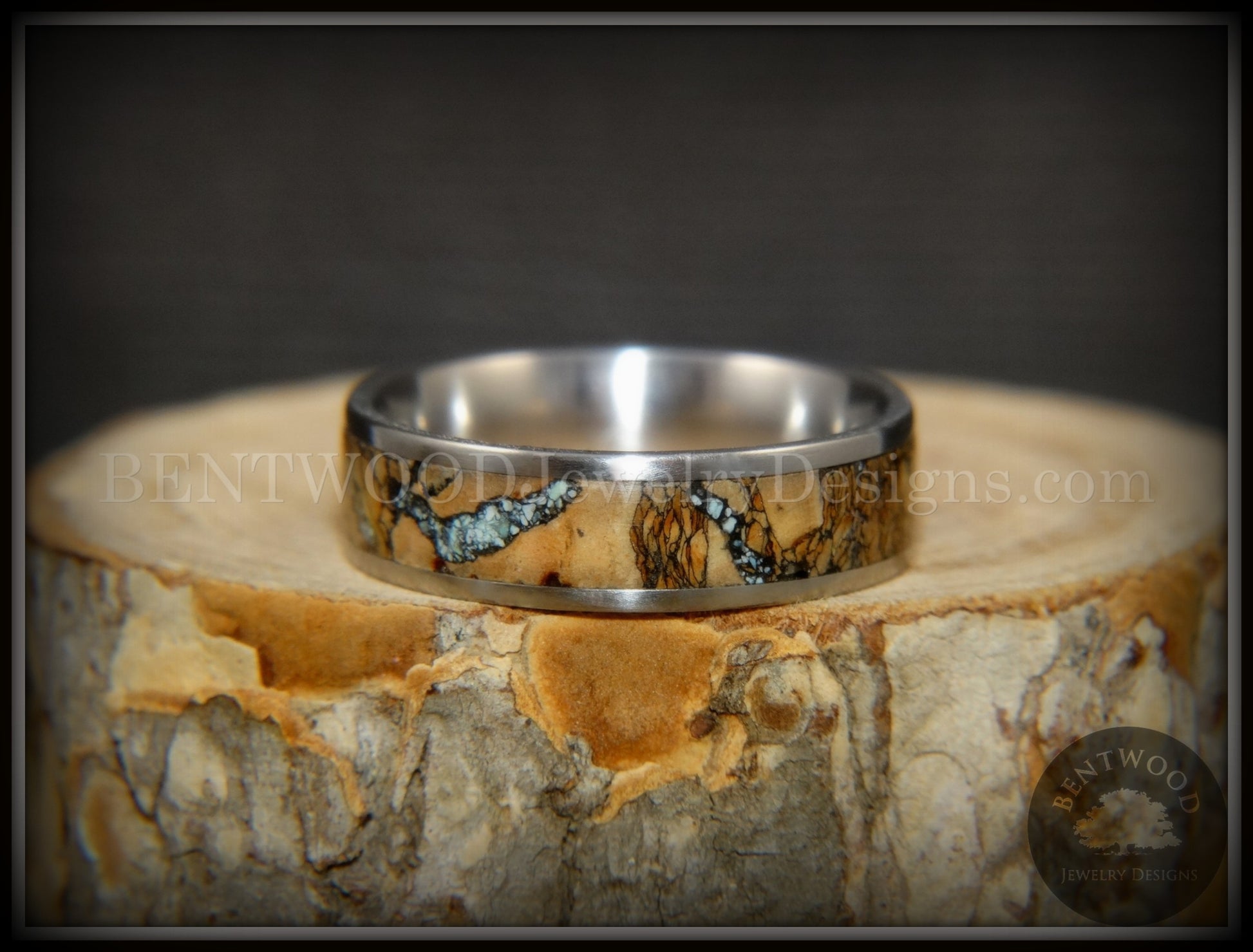 Bentwood Ring - "Figured Brown Sleeping Beauty" Rare Mediterranean Oak Burl Wood Ring on Surgical Grade Stainless Steel Comfort Fit Core handcrafted bentwood wooden rings wood wedding ring engagement