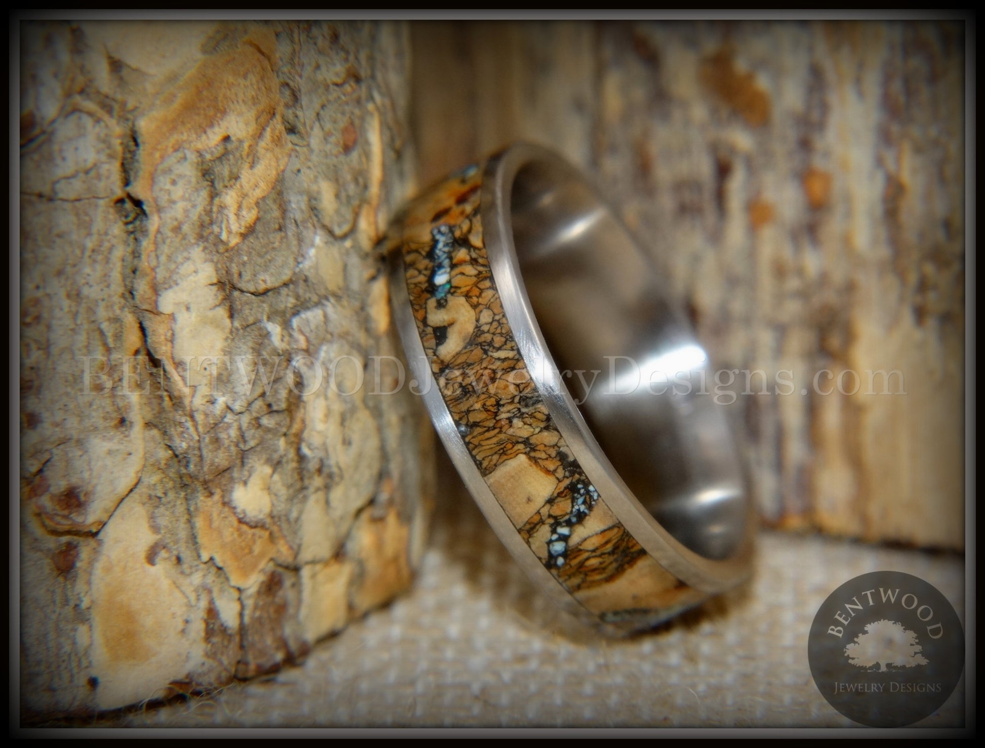 Bentwood Ring - "Figured Brown Sleeping Beauty" Rare Mediterranean Oak Burl Wood Ring on Surgical Grade Stainless Steel Comfort Fit Core handcrafted bentwood wooden rings wood wedding ring engagement