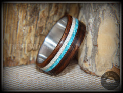 Bentwood Rings Set - "Paired Single" Rosewood Wood Ring with Sleeping Beauty Turquoise and Beach Sand Inlay handcrafted bentwood wooden rings wood wedding ring engagement