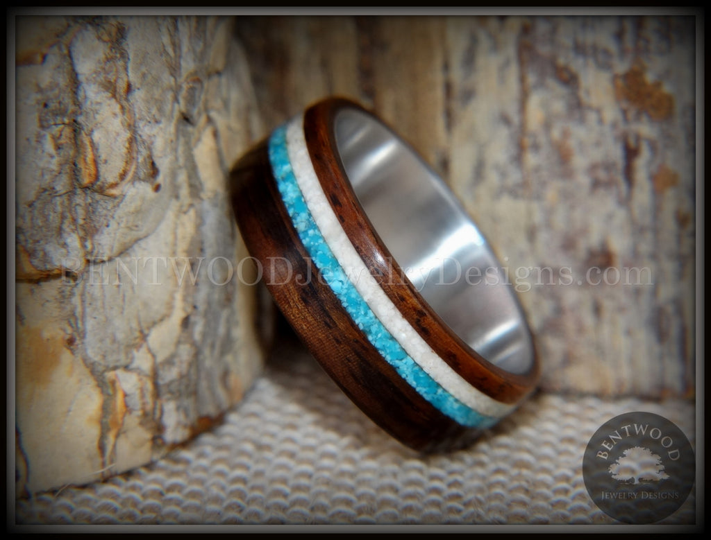 Bentwood Rings Set - "Paired Single" Rosewood Wood Ring with Sleeping Beauty Turquoise and Beach Sand Inlay handcrafted bentwood wooden rings wood wedding ring engagement