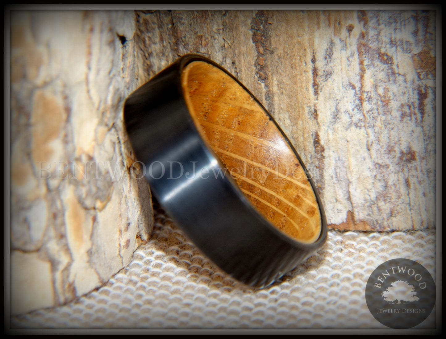 Bentwood Ring - "Rugged & Refined" Whiskey Oak and Tungsten Carbide Black handcrafted bentwood wooden rings wood wedding ring engagement