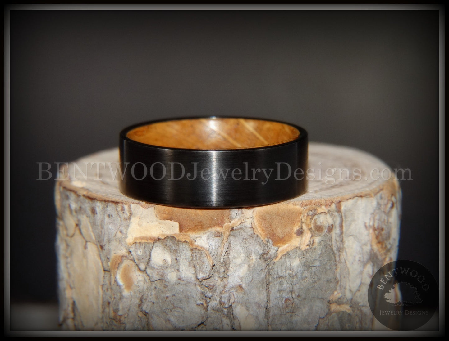 Bentwood Ring - "Rugged & Refined" Whiskey Oak and Tungsten Carbide Black handcrafted bentwood wooden rings wood wedding ring engagement