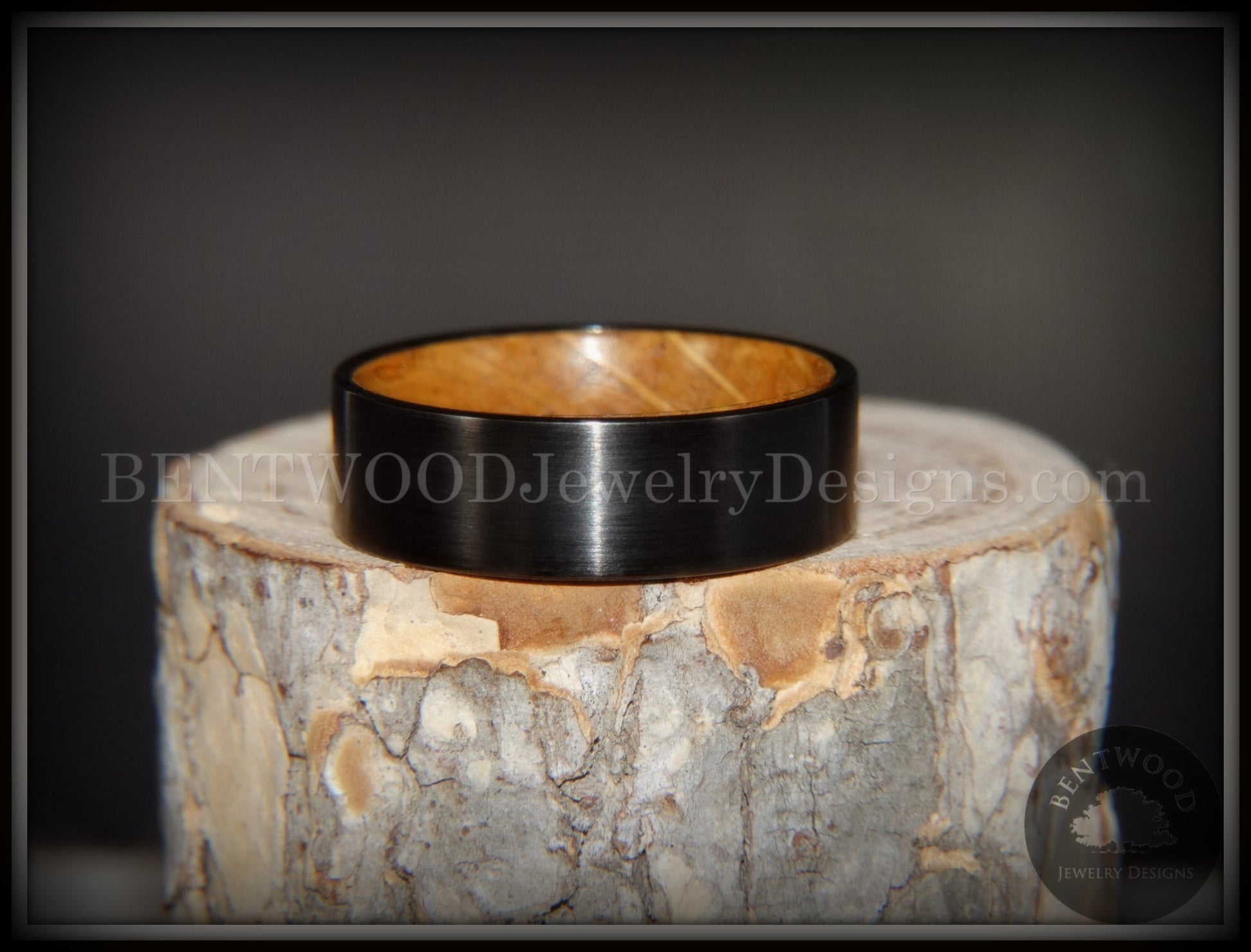 Bentwood Ring - "Rugged & Refined" Whiskey Oak and Tungsten Carbide Black handcrafted bentwood wooden rings wood wedding ring engagement
