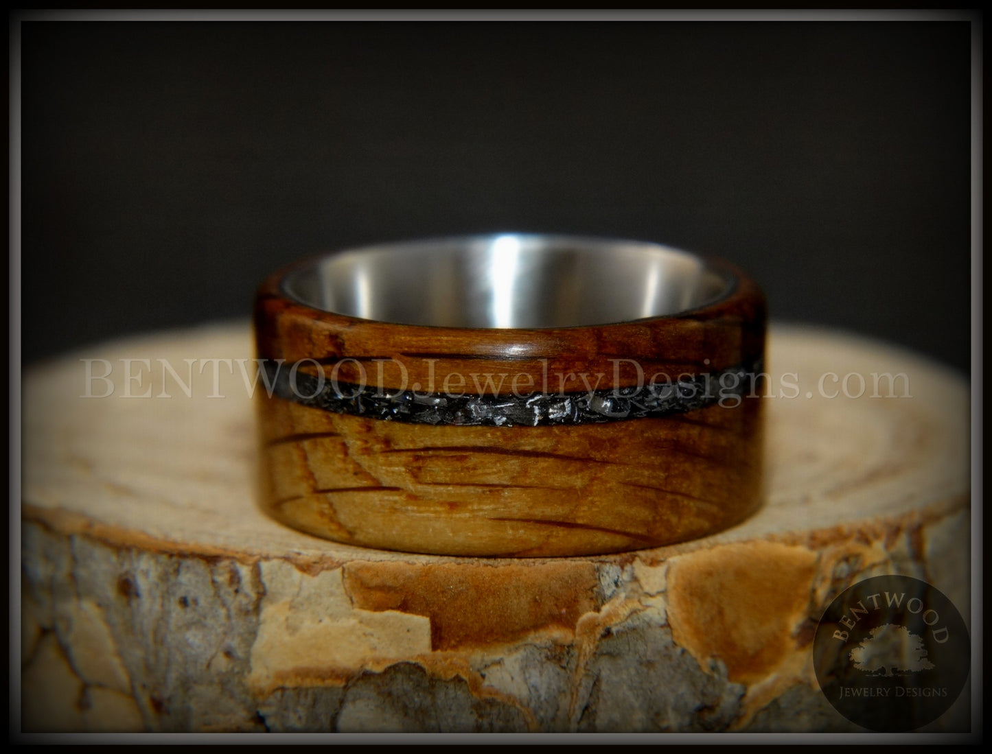 Bentwood Ring - "The Namibia Blend" charred whiskey barrel oak, Gibeon meteorite inlay on titanium core handcrafted bentwood wooden rings wood wedding ring engagement