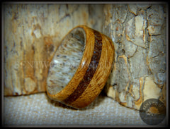 Bentwood Ring - "Dino Hunter" Whiskey Oak Barrel Oak, Deer Antler and Dinosaur Fossil handcrafted bentwood wooden rings wood wedding ring engagement