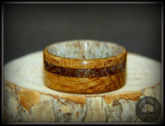 Bentwood Ring - "Dino Hunter" Whiskey Oak Barrel Oak, Deer Antler and Dinosaur Fossil handcrafted bentwood wooden rings wood wedding ring engagement