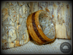 Bentwood Ring - "Dino Hunter" Whiskey Oak Barrel Oak, Deer Antler and Dinosaur Fossil handcrafted bentwood wooden rings wood wedding ring engagement