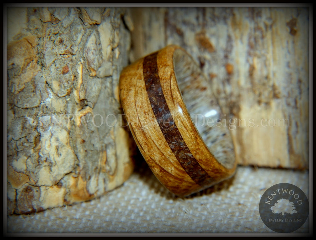 Bentwood Ring - "Dino Hunter" Whiskey Oak Barrel Oak, Deer Antler and Dinosaur Fossil handcrafted bentwood wooden rings wood wedding ring engagement