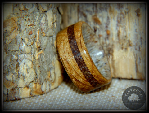 Bentwood Ring - "Dino Hunter" Whiskey Oak Barrel Oak, Deer Antler and Dinosaur Fossil