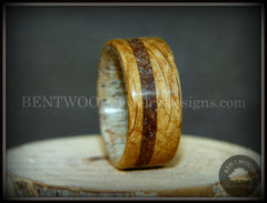 Bentwood Ring - "Dino Hunter" Whiskey Oak Barrel Oak, Deer Antler and Dinosaur Fossil handcrafted bentwood wooden rings wood wedding ring engagement