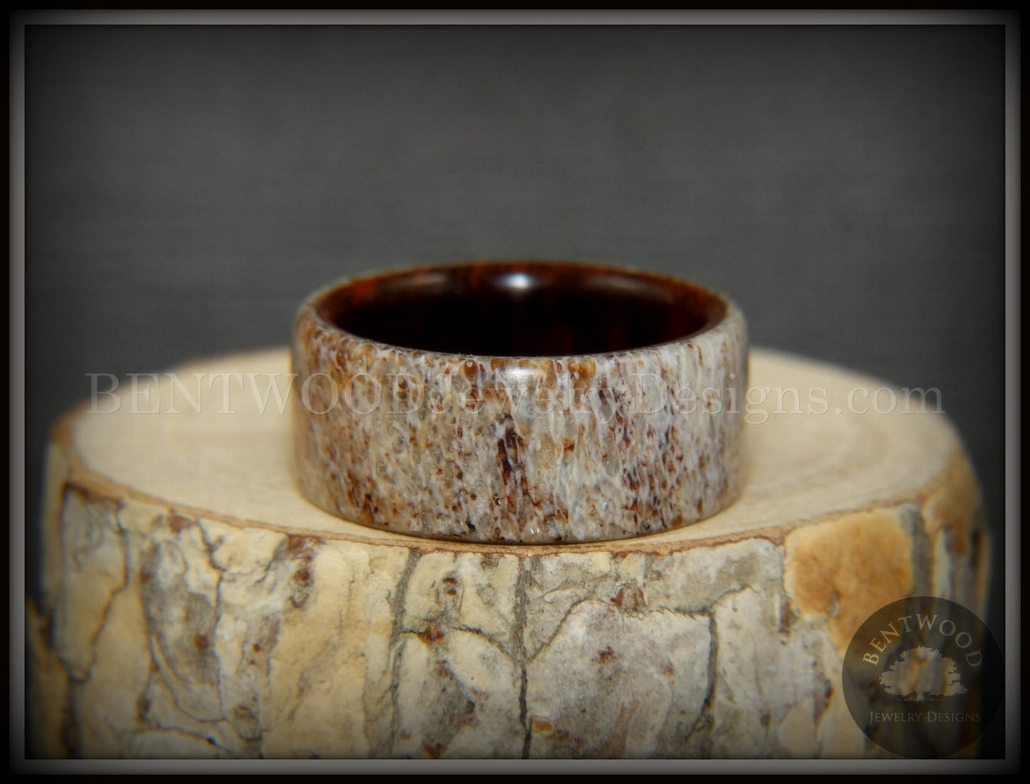 Bentwood Ring - "The Hunter" Antler on Snakewood handcrafted bentwood wooden rings wood wedding ring engagement