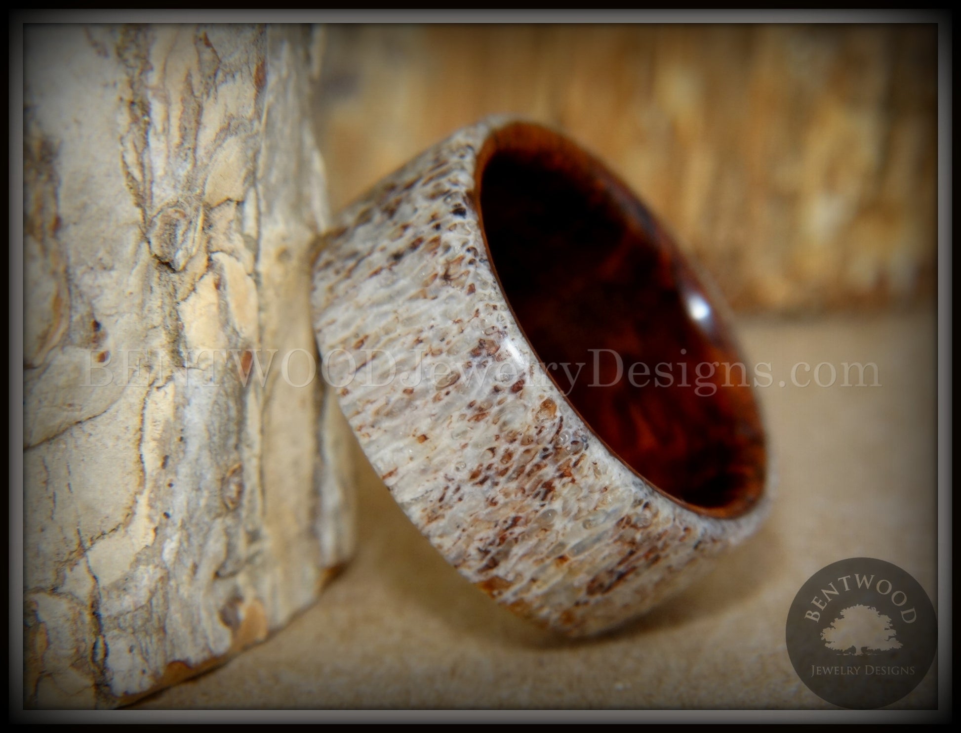 Bentwood Ring - "The Hunter" Antler on Snakewood handcrafted bentwood wooden rings wood wedding ring engagement