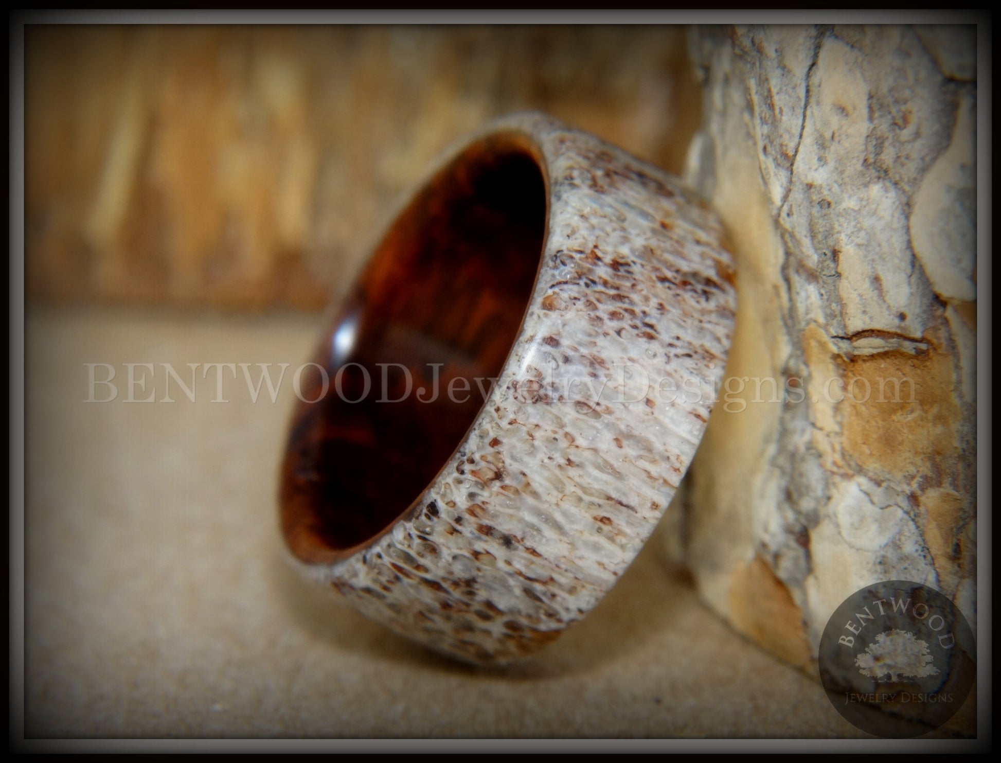 Bentwood Ring - "The Hunter" Antler on Snakewood handcrafted bentwood wooden rings wood wedding ring engagement