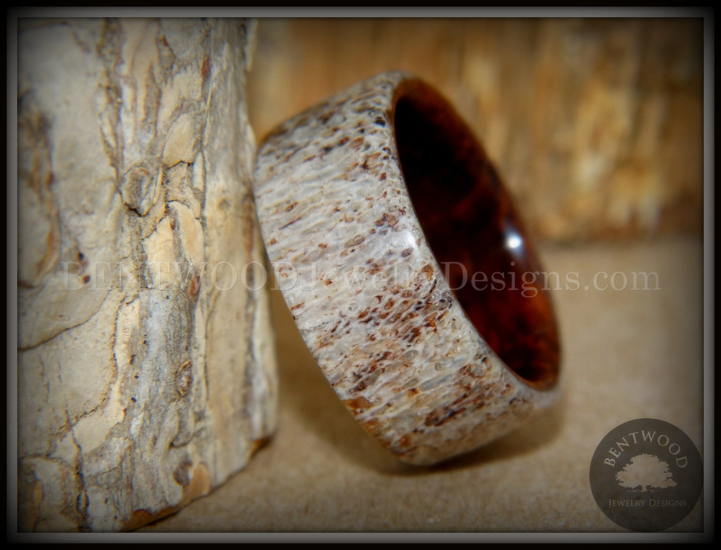 Bentwood Ring - "The Hunter" Antler on Snakewood handcrafted bentwood wooden rings wood wedding ring engagement