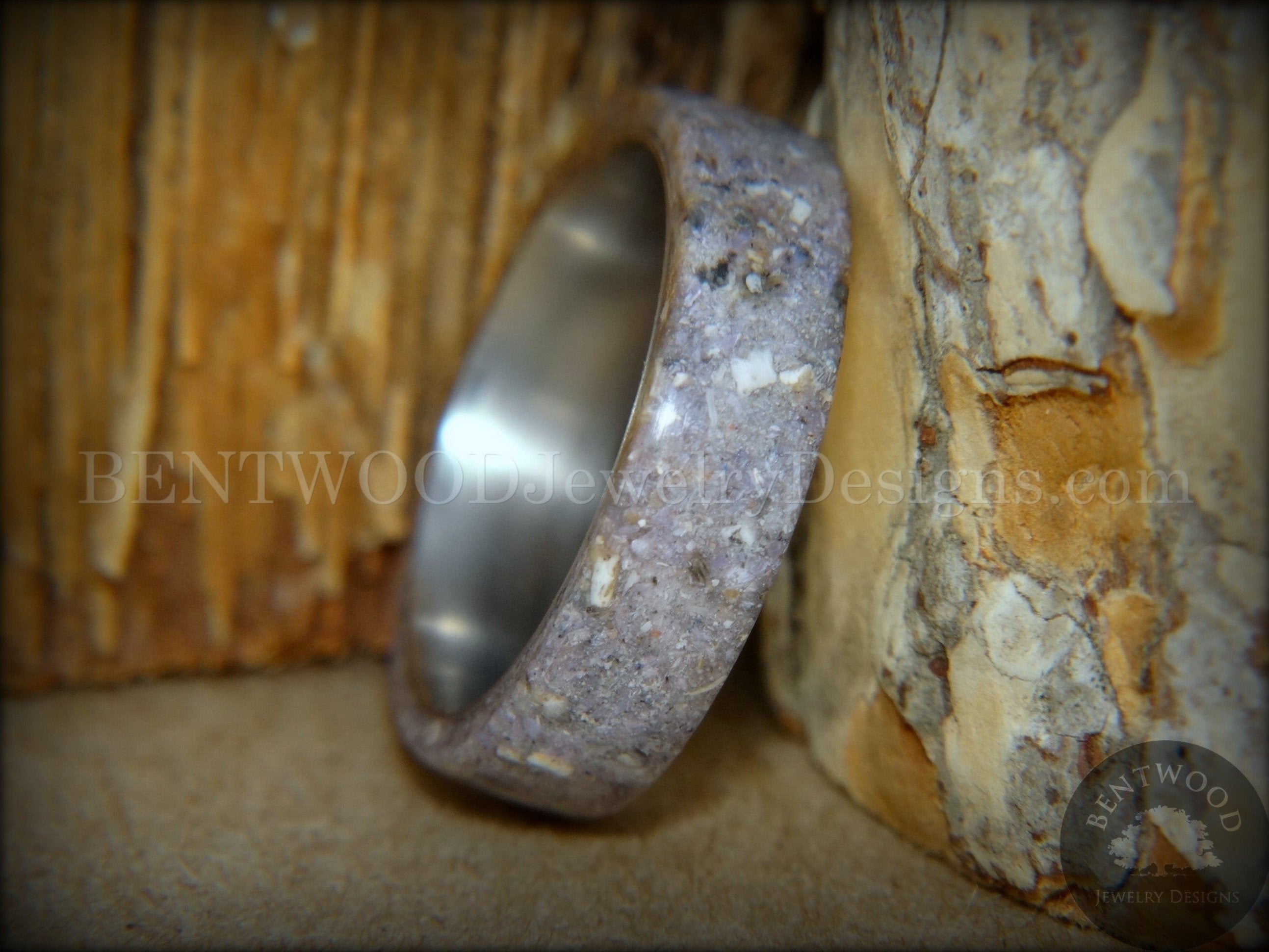 Bentwood Ring - "Remembrance" Cremation Ashes and Charoite on Titanium Core handcrafted bentwood wooden rings wood wedding ring engagement